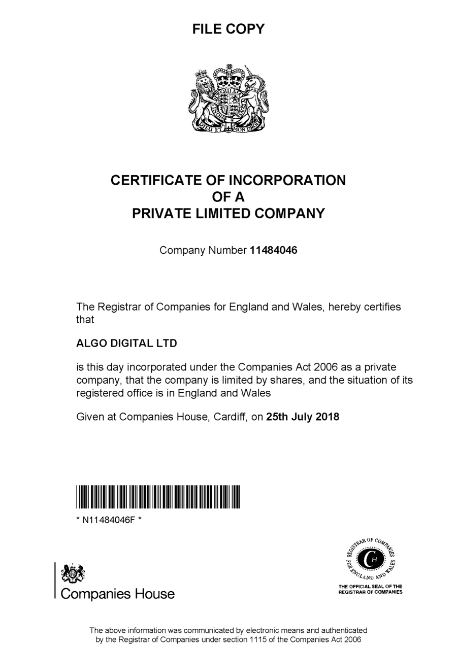 ALGO DIGITAL LTD — Certificate of incorporation, 11484046